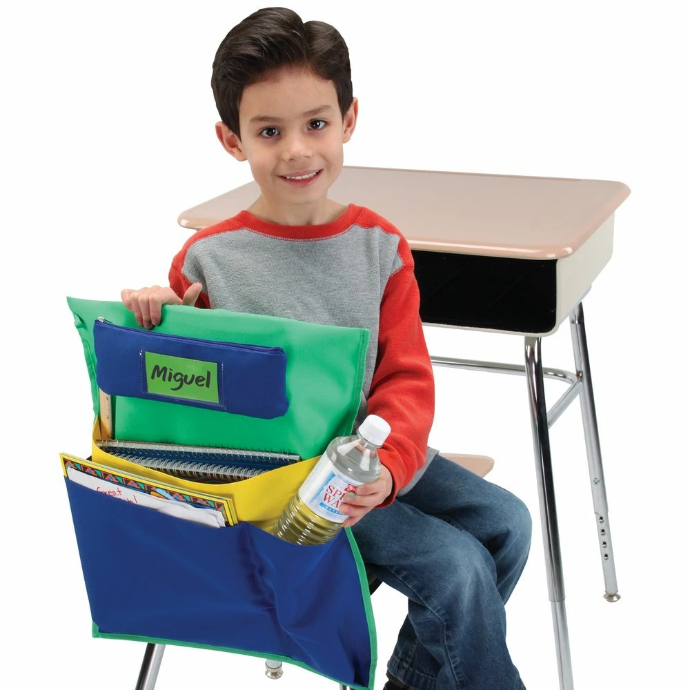 Deluxe Multi-Pocket Chair Pockets With Pencil Case And Water Bottle Holder - 6 Pack - Green/Blue 2 Deluxe Multi-Pocket Chair Pockets With Pencil Case And Water Bottle Holder - 6 Pack - Green/Blue - Image 2